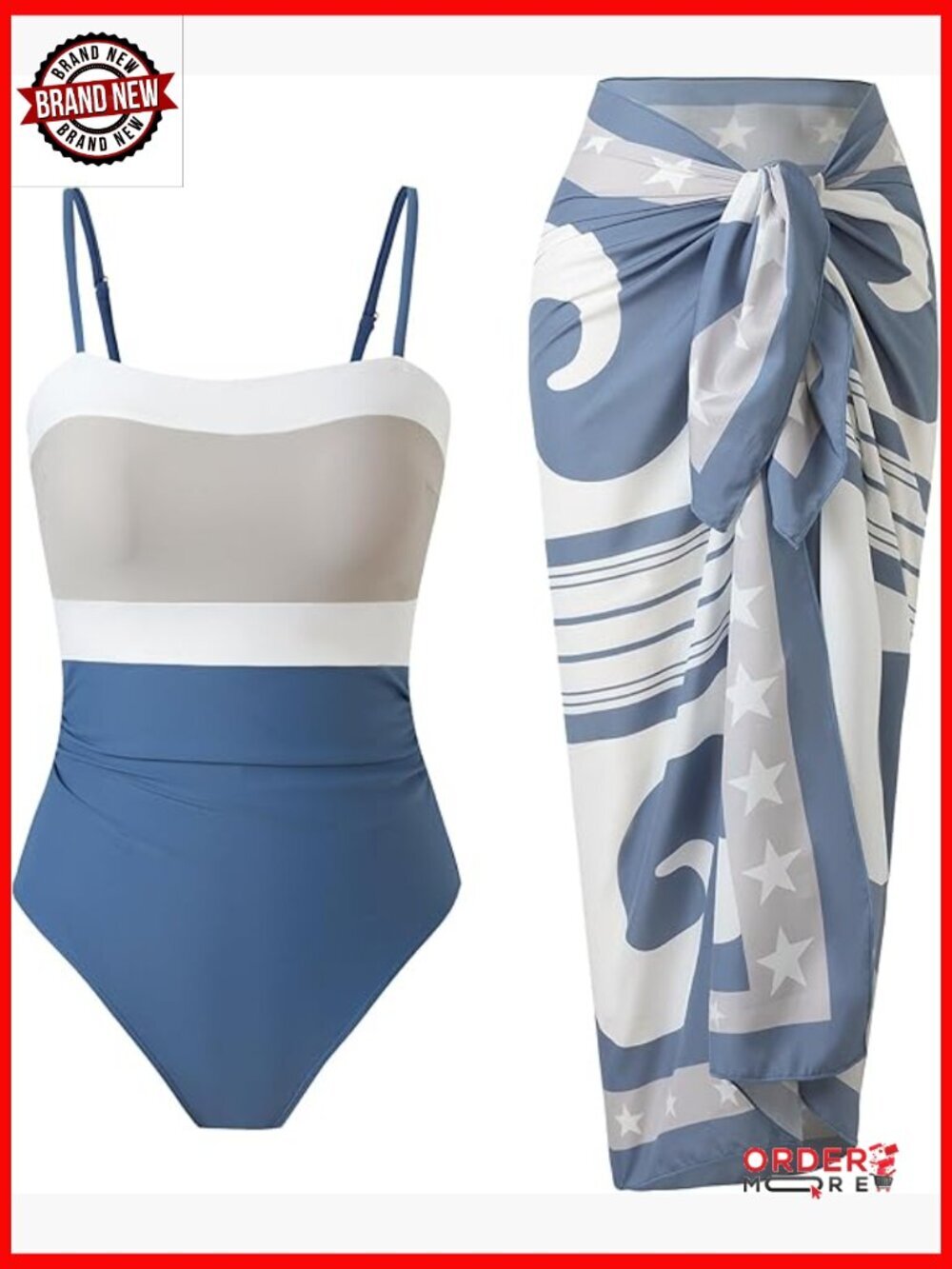 One Piece Swimsuit with Cover Up Skirt Set Retro 2 Piece Bathing Suit Swimwear